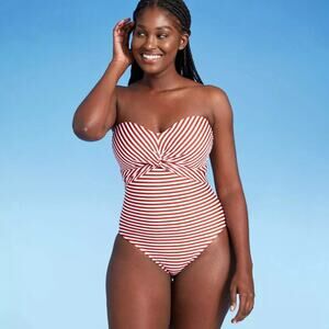 NWT Kona Sol Red White Stripe Twisted Front Medium Coverage Swim 1 Pc. Women M